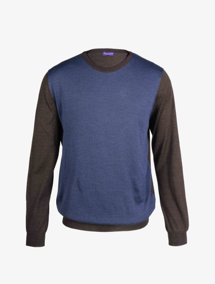 Patrick Hellmann CollectionBlue Sweater Pullover Round Neck With Brown Sleevesimage1092